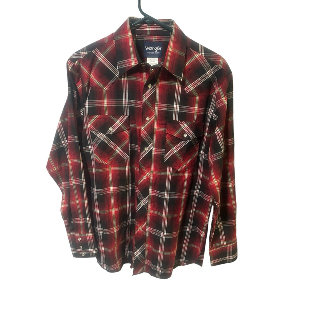 Vintage Wrangler Shirt Mens Medium Red Plaid Western Pearl Snap‎ Long Sleeve